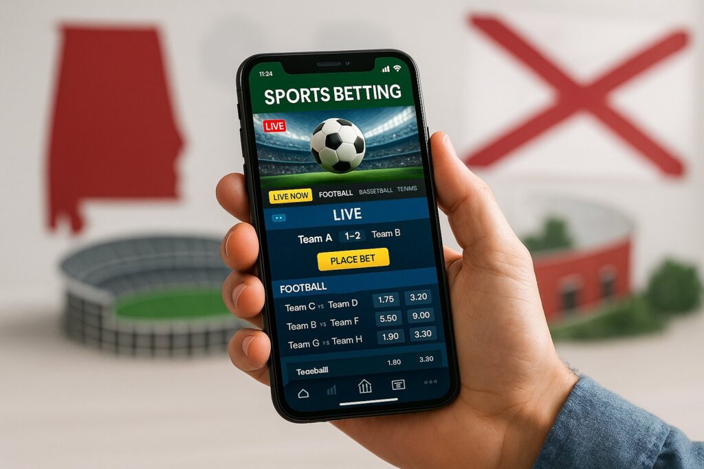 Person holding smartphone displaying a sports betting app with Alabama flag and stadium in background. Ideal for Alabama sports betting apps enthusiasts and users.