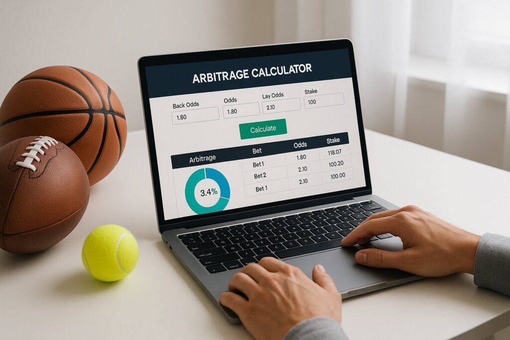 Person using a laptop displaying an Arbitrage Calculator with betting odds and calculations for effective sports betting.