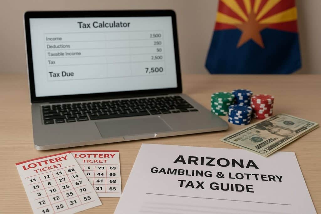 Arizona Gambling and Lottery Tax Calculator on a desk with a laptop displaying tax calculations, lottery tickets, poker chips, cash, and a tax guide in Arizona.