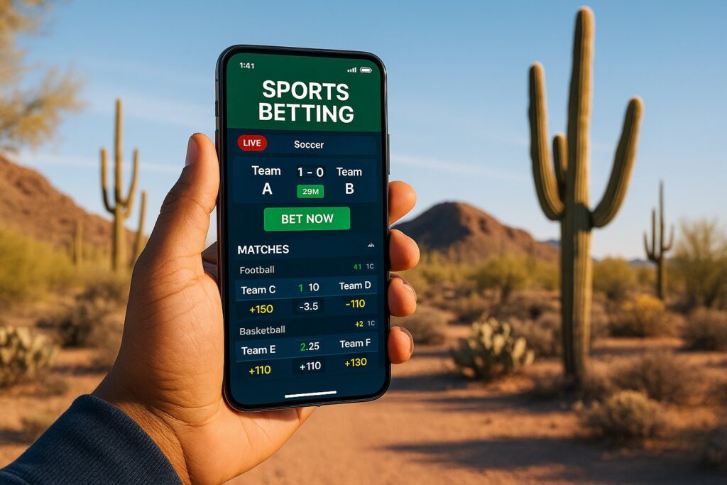 Hand holding a smartphone displaying a sports betting app in a desert landscape in Arizona featuring cacti and mountains. Perfect for Arizona sports betting apps.
