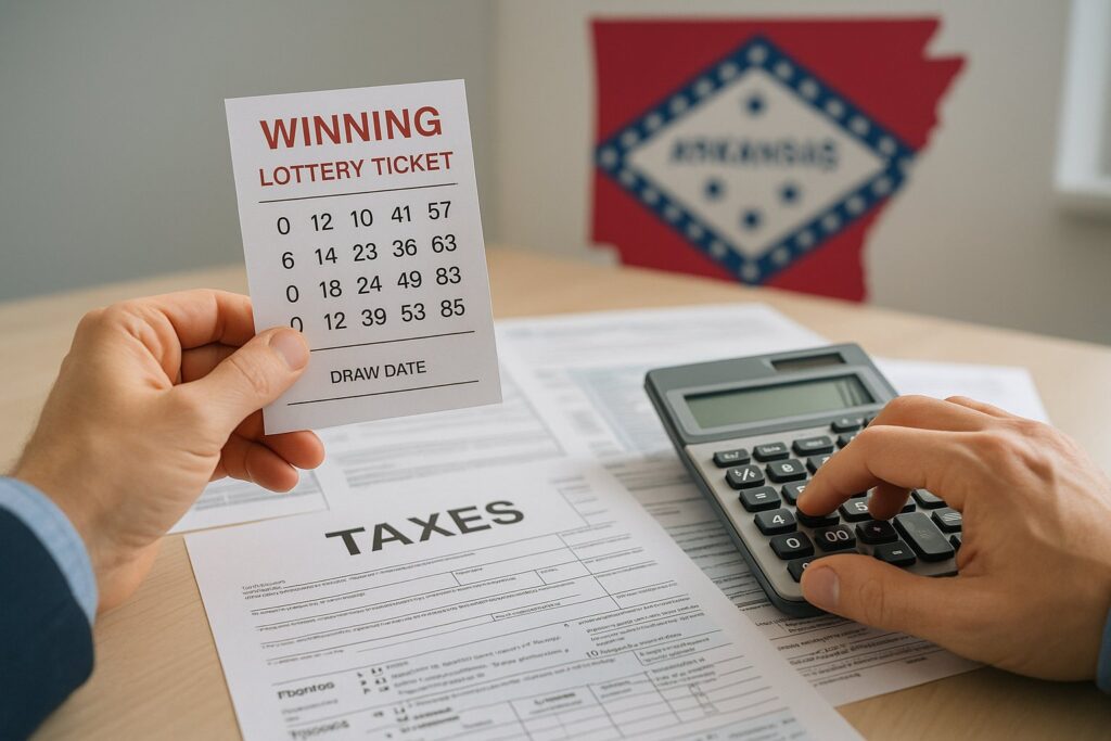 Man calculating taxes on winning lottery ticket using Arkansas Gambling and Lottery Tax Calculator with Arkansas map in background showing tax planning process.