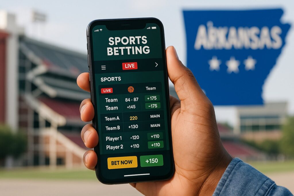 Person holding a smartphone displaying a sports betting app with odds and teams in front of an Arkansas sign. Ideal for Arkansas sports betting apps information.