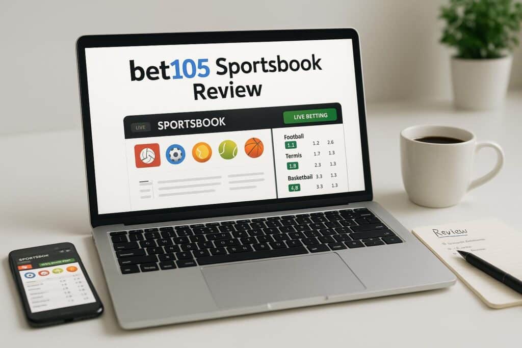 Laptop displaying Bet105 Sportsbook Review with smartphone nearby offering insights into betting options and features. Coffee cup and notepad set the scene for sports bettors.