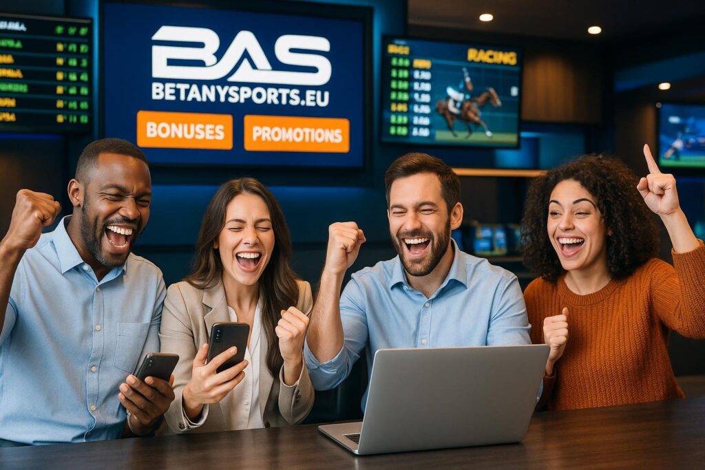 Excited group celebrates while using BetAnySports Bonuses and Promotions on their devices showcasing engaging online betting experience in a modern setting.