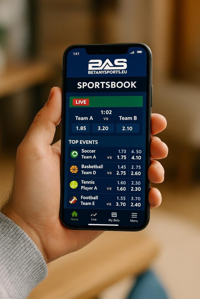 BetAnySports Mobile App displayed on a smartphone showing live sports betting options for users to place bets on soccer basketball tennis and football games easily.
