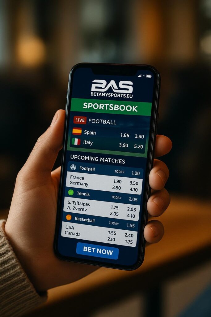 Mobile phone displaying BetAnySports sportsbook app offering live scores and betting odds for an enhanced BetAnySports mobile user experience in sports betting.