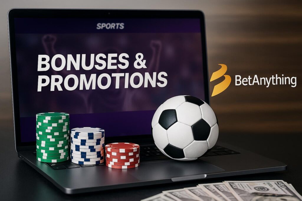 BetAnything Bonuses and Promotions displayed on a laptop screen with a soccer ball and poker chips in the foreground highlighting the exciting offers available.