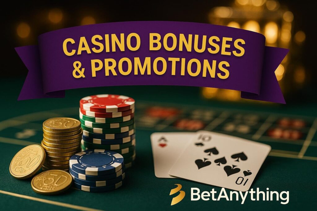 BetAnything Casino Bonuses and Promotions banner with poker chips and playing cards on a casino table highlighting opportunities for exciting gaming rewards and offers.