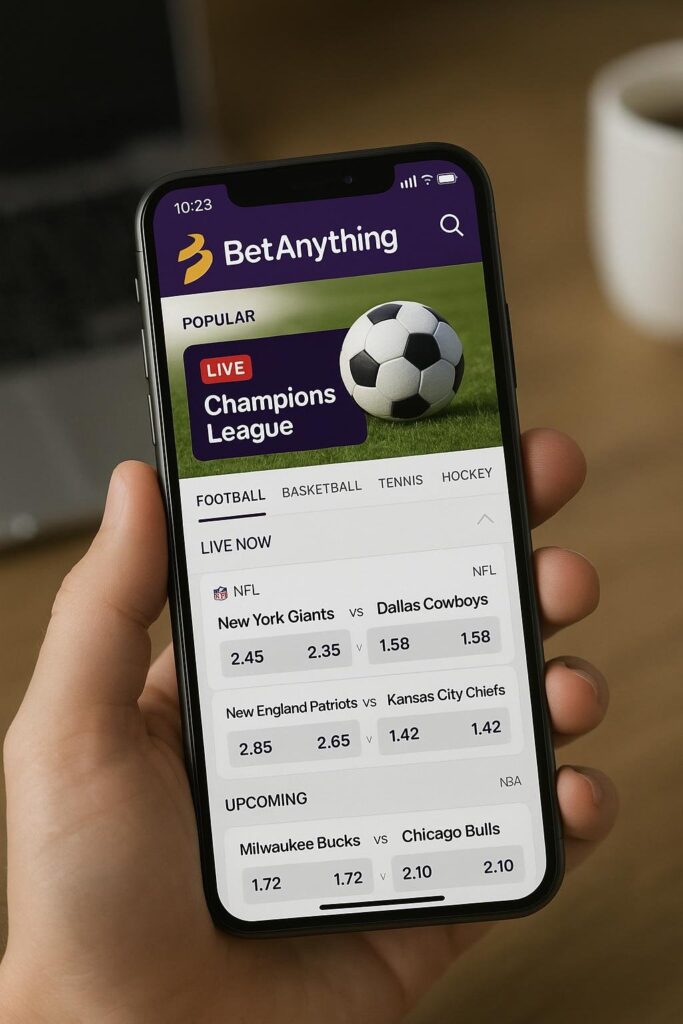 User holding a smartphone displaying the BetAnything Mobile App with live sports betting options including football and basketball events.