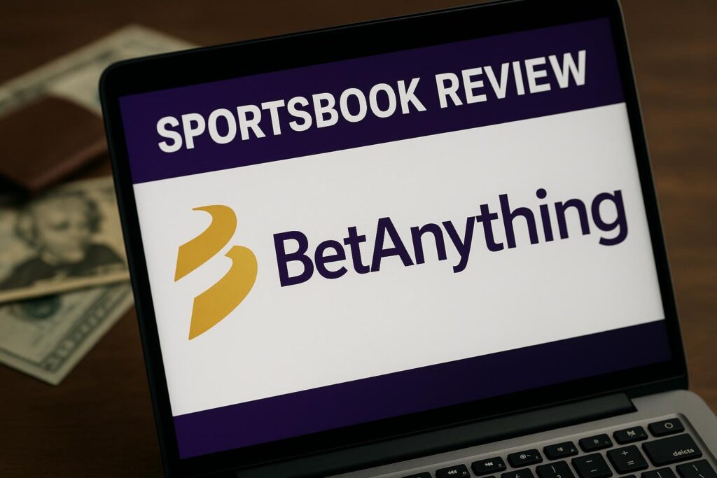 Laptop displaying BetAnything Review with sportsbook information highlighted. Perfect for those looking to explore BetAnything features and user insights for informed betting experiences.