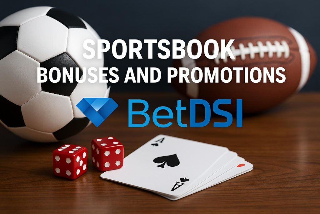 BetDSI Bonuses and Promotions are highlighted with a football soccer ball playing cards and dice showcasing various sports betting opportunities and promotional offers.