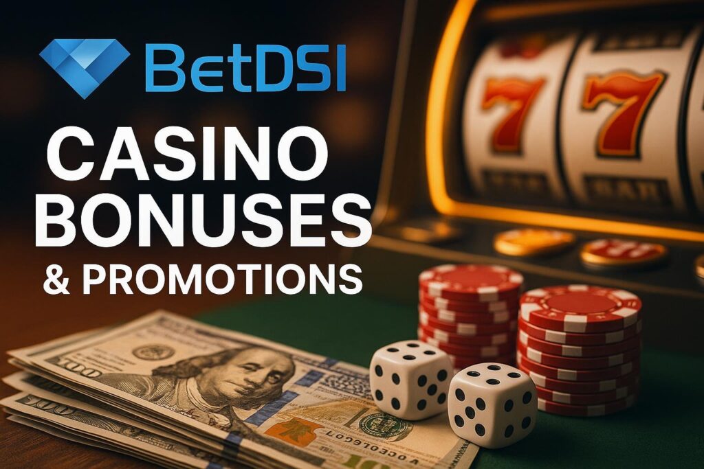BetDSI Casino Bonuses and Promotions highlighted with dollar bills, poker chips, dice, and a slot machine in the background emphasizing gaming excitement and rewards.
