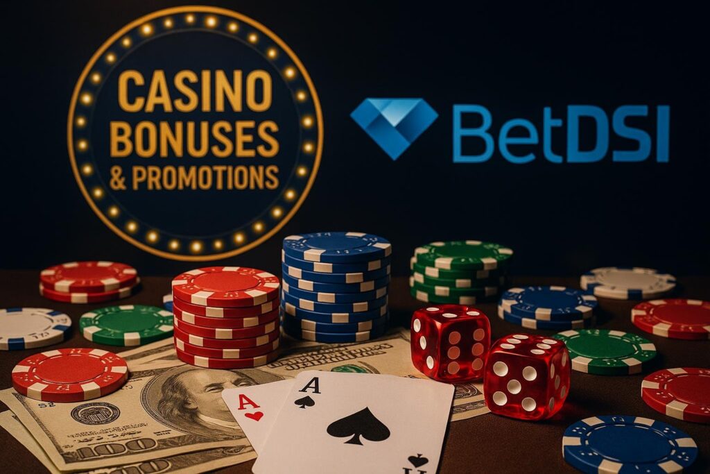 Casino table featuring poker chips and cards highlighting BetDSI Casino Bonuses and Promotions. Discover exciting offers and promotions for a thrilling casino experience.
