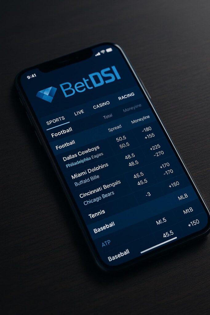 BetDSI Mobile App displayed on a smartphone showing sports betting options for football and baseball providing easy access and user-friendly interface for online betting.