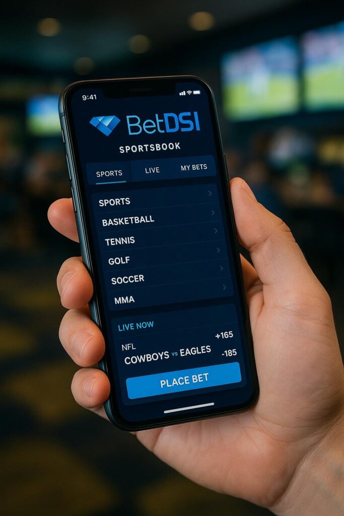 Person holding a smartphone with BetDSI app open showing sportsbook interface emphasizing BetDSI mobile user experience focused on sports betting options.