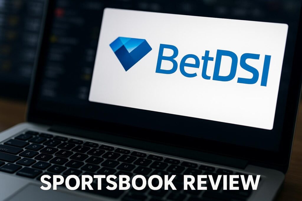 Laptop displaying the BetDSI Review logo for sportsbook analysis highlighting features and insights for betting enthusiasts seeking detailed BetDSI Review information.
