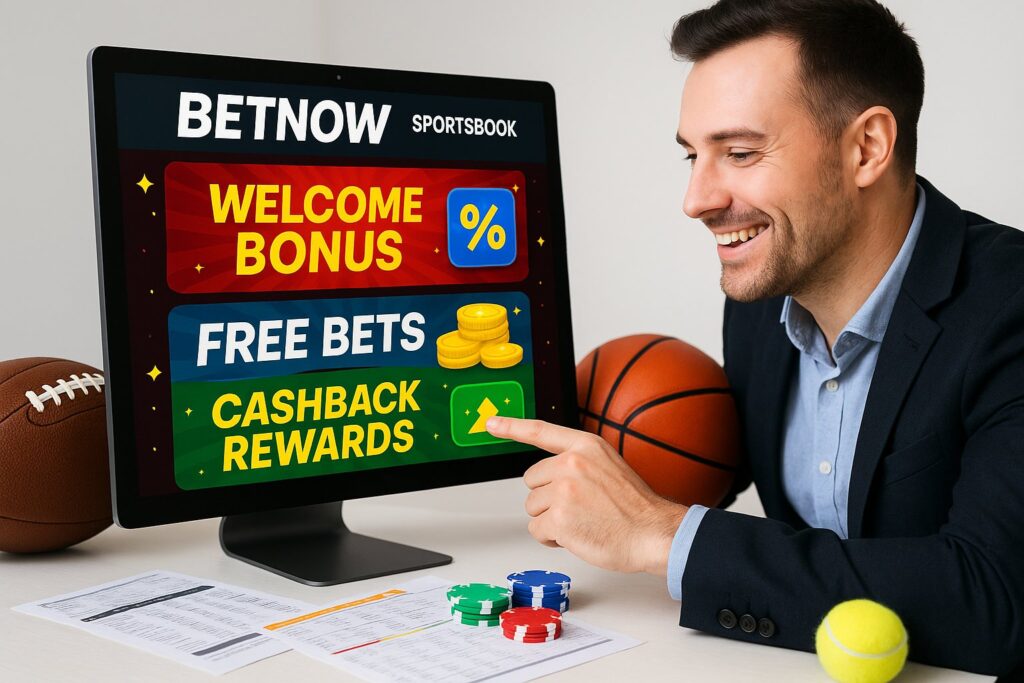 Smiling man exploring BetNow Bonuses and Promotions on a computer screen featuring welcome bonus free bets and cashback rewards suitable for sportsbook enthusiasts.