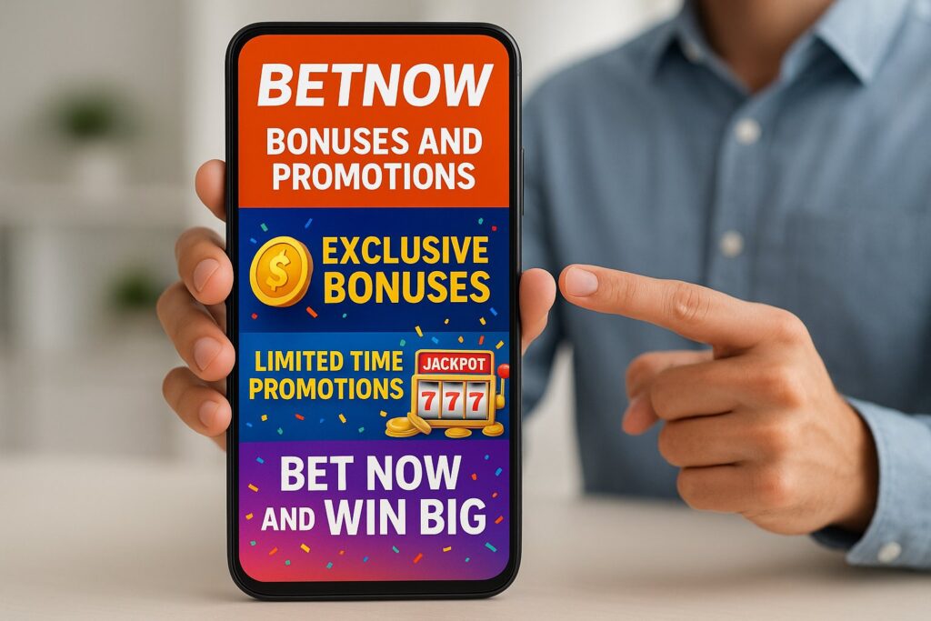 Person holding a smartphone displaying BetNow Bonuses and Promotions with exclusive bonuses and limited time offers encouraging users to bet now and win big.