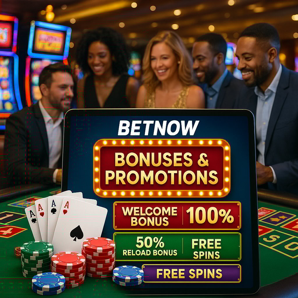 People enjoying BetNow Casino Bonuses and Promotions with poker chips and cards on a table highlighting welcome bonus and free spins for an exciting gaming experience.