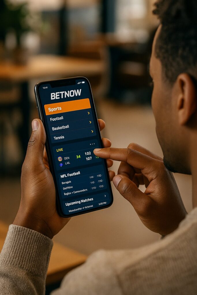 A person interacts with the BetNow Mobile App on a smartphone displaying sports betting options for football and other sports emphasizing convenience and accessibility.