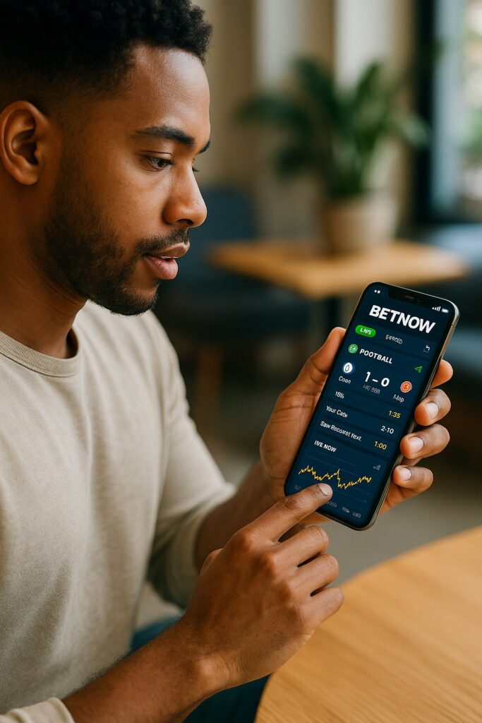 A man uses the BetNow app on his smartphone showing sports scores and charts, demonstrating the seamless BetNow Mobile User Experience for sports betting enthusiasts.