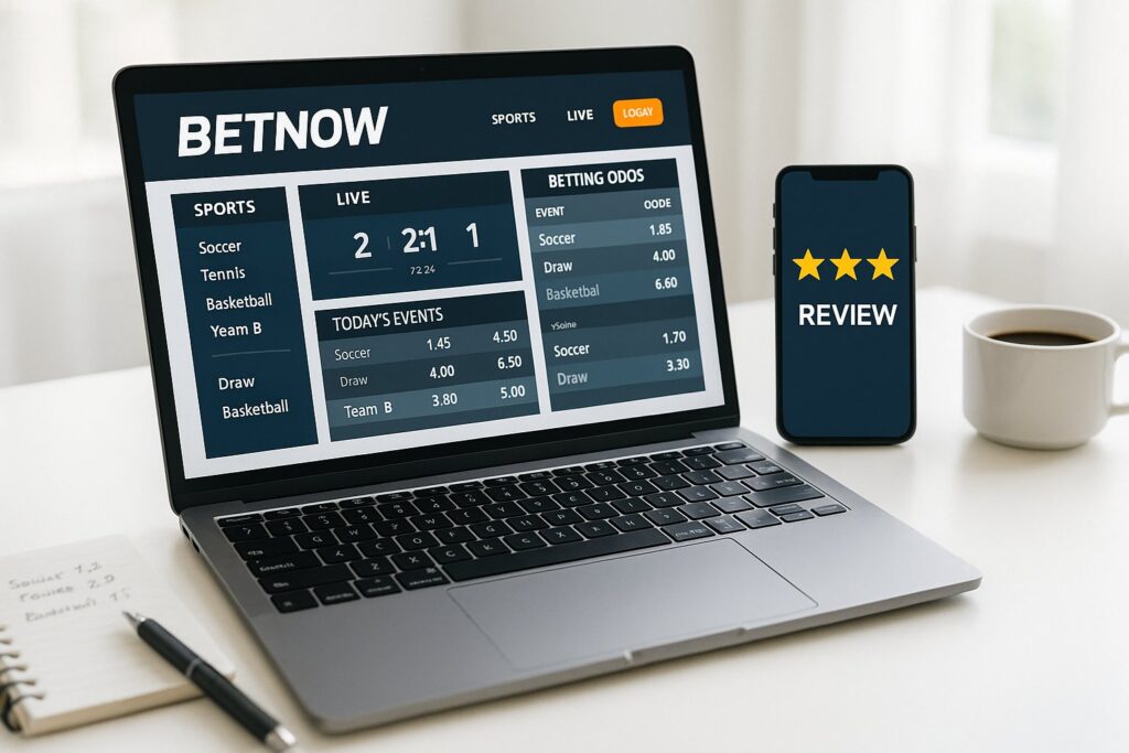 Laptop and smartphone displaying BetNow sports betting interface and review section. The image represents BetNow Review focusing on live sports betting and ratings.