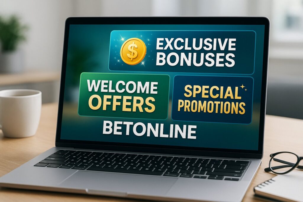 Laptop displaying BetOnline Bonuses with exclusive bonuses welcome offers and special promotions highlighting top offers for users seeking online betting promotions.
