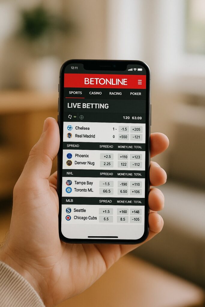 Person holding a smartphone displaying the BetOnline app featuring live betting odds for soccer and basketball games. BetOnline offers various sports betting options online.