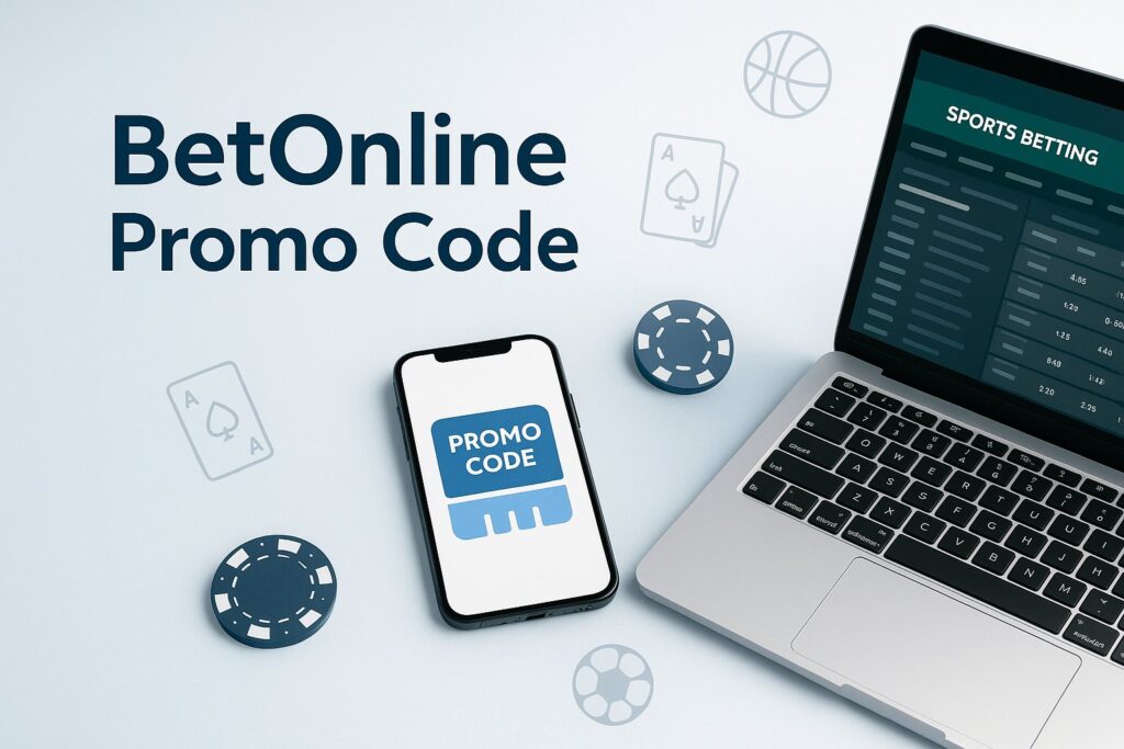 Laptop and smartphone displaying BetOnline Promo Code surrounded by poker chips and sports icons, highlighting online betting and promotional offers for gambling enthusiasts.