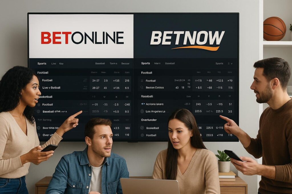 Four people discussing BetOnline vs BetNow Sportsbooks comparison. Screen displays sports betting options. Ideal for those seeking to compare online sportsbook features.
