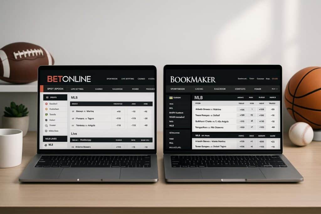 Two laptops display sports betting websites BetOnline vs BookMaker. The Comparison highlights differences in odds and layout amidst a backdrop featuring sports equipment.