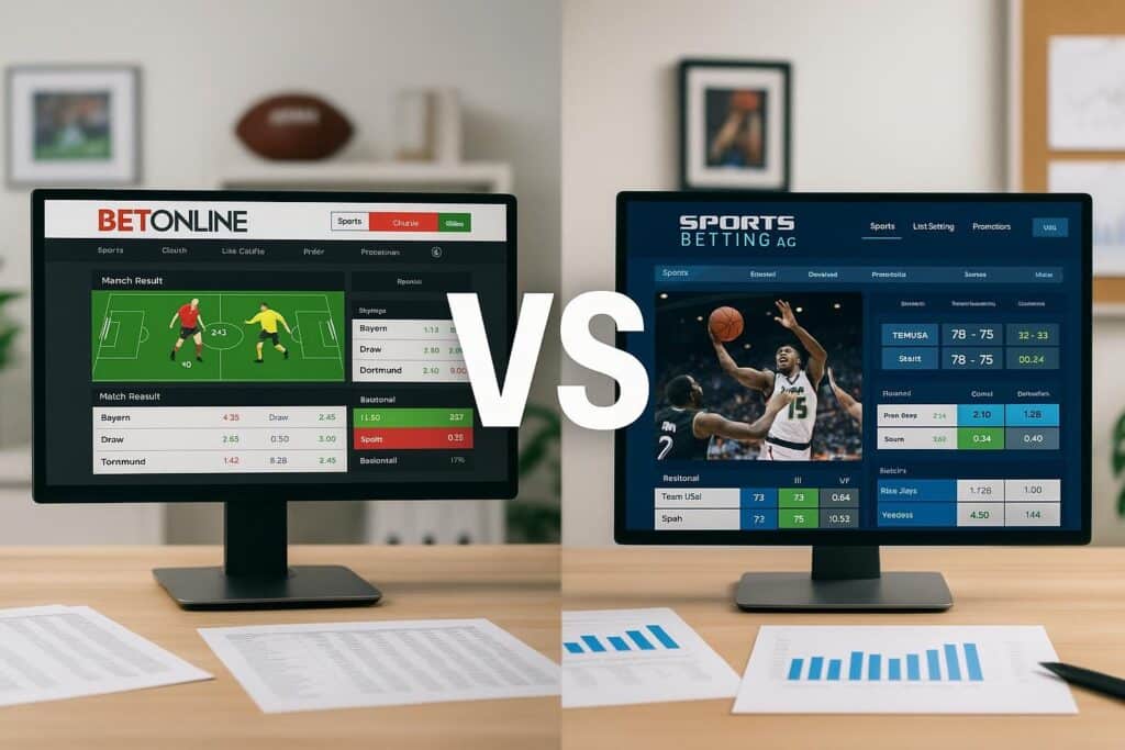 Compare BetOnline vs SportsBetting: See user interface differences on screens in a detailed side-by-side comparison for online sports betting platforms and data analysis.