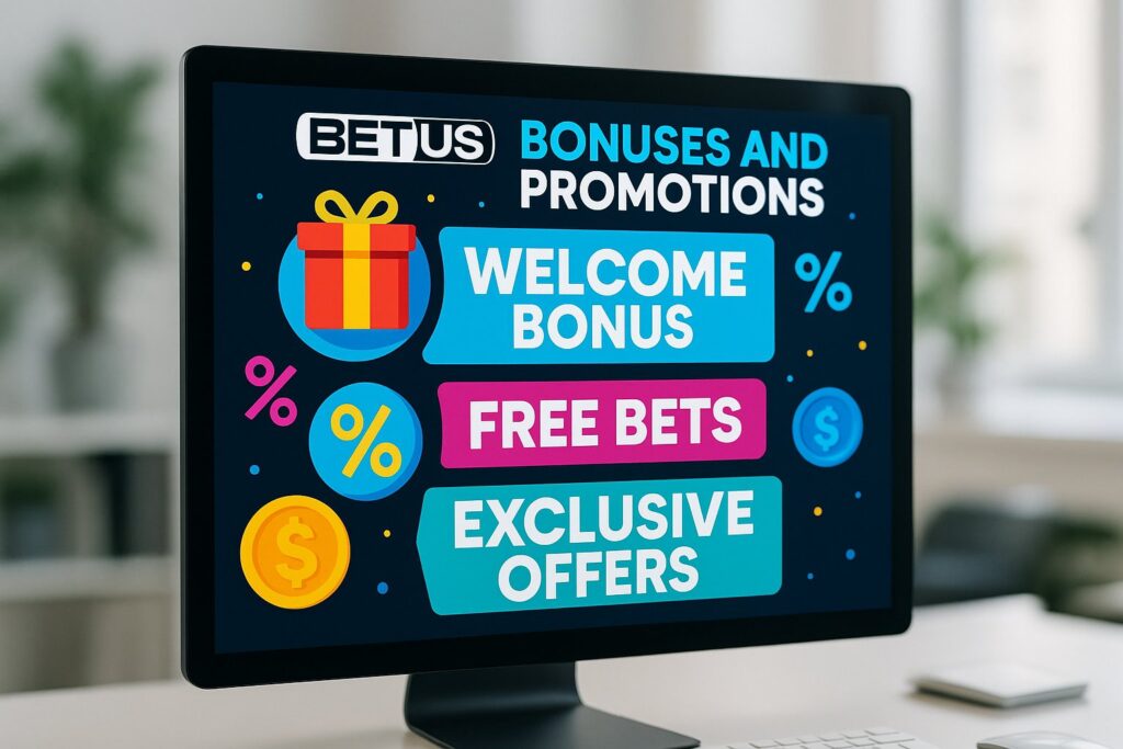 BetUS Bonuses and Promotions displayed on a computer screen showcasing welcome bonus free bets exclusive offers with vibrant icons for an engaging online betting experience.