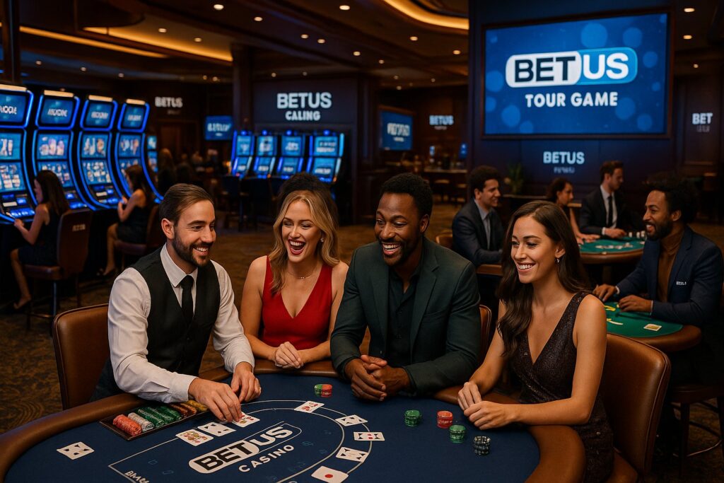 People enjoying card games at BetUS Casino with slot machines in the background creating an exciting gaming atmosphere perfect for entertainment and excitement at BetUS Casino.