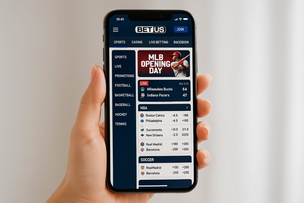 Hand holding smartphone displaying BetUS Mobile App interface for sports betting, featuring easy navigation and betting options for NBA, MLB, and soccer, enhancing user experience.