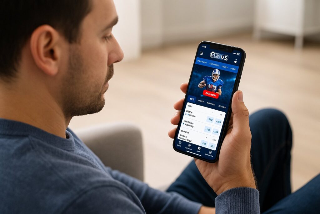 Man using BetUS app on smartphone highlighting BetUS Mobile User Experience for sports betting and seamless navigation for enhanced user engagement and satisfaction.