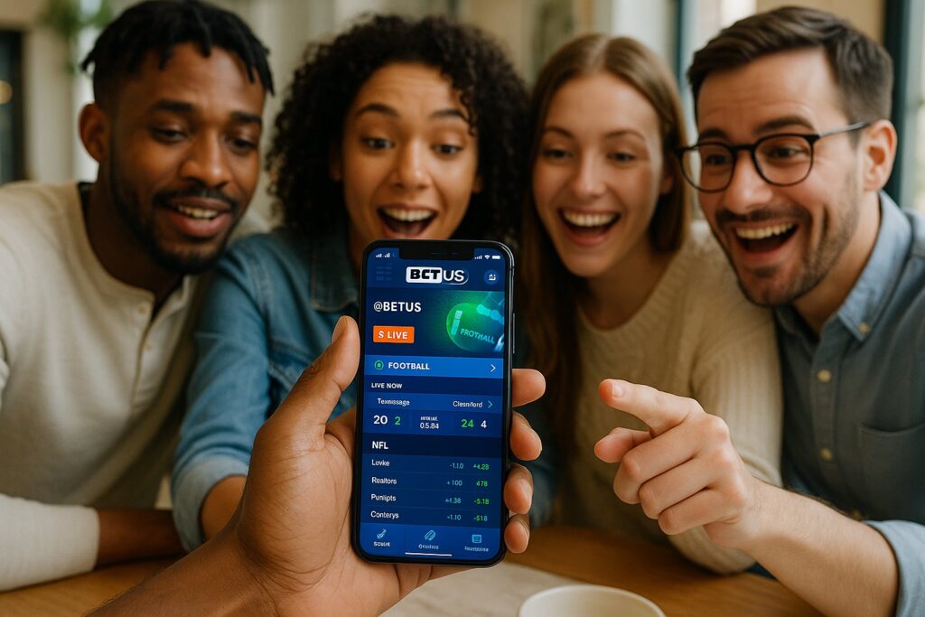 Group of friends excitedly looking at a smartphone displaying the BetUS Mobile Experience showcasing user-friendly interface and seamless betting options on the go.
