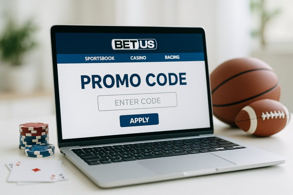 Laptop showing BetUS Promo Code screen with basketball and poker chips nearby, highlighting online sports betting opportunities and casino promotions with BetUS Promo Code.