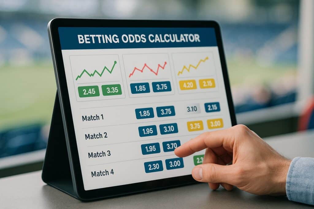 Tablet displaying betting odds calculator with charts and match data. User interacting with screen to analyze odds and make informed betting decisions using betting odds calculator.