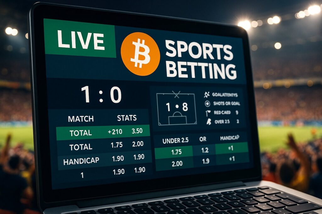 Live sports betting screen featuring Bitcoin scores and odds, highlighting online platforms on Bitcoin betting sites for secure and innovative wagering experiences.