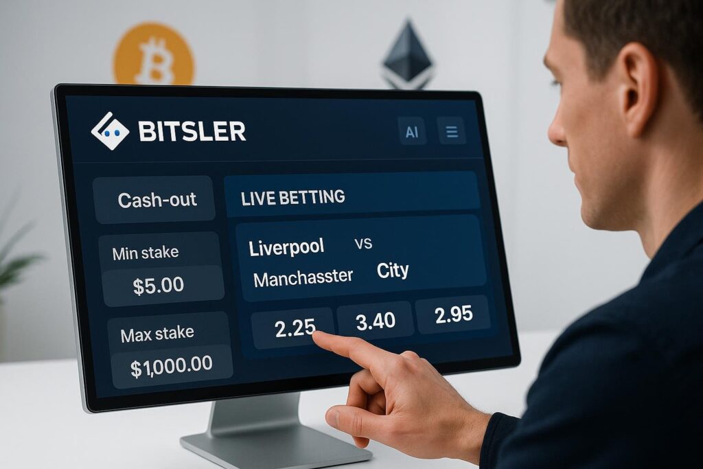 Person interacting with Bitsler crypto sportsbook displaying features like cash-out, minimum and maximum stake, and live betting on Liverpool vs City game.