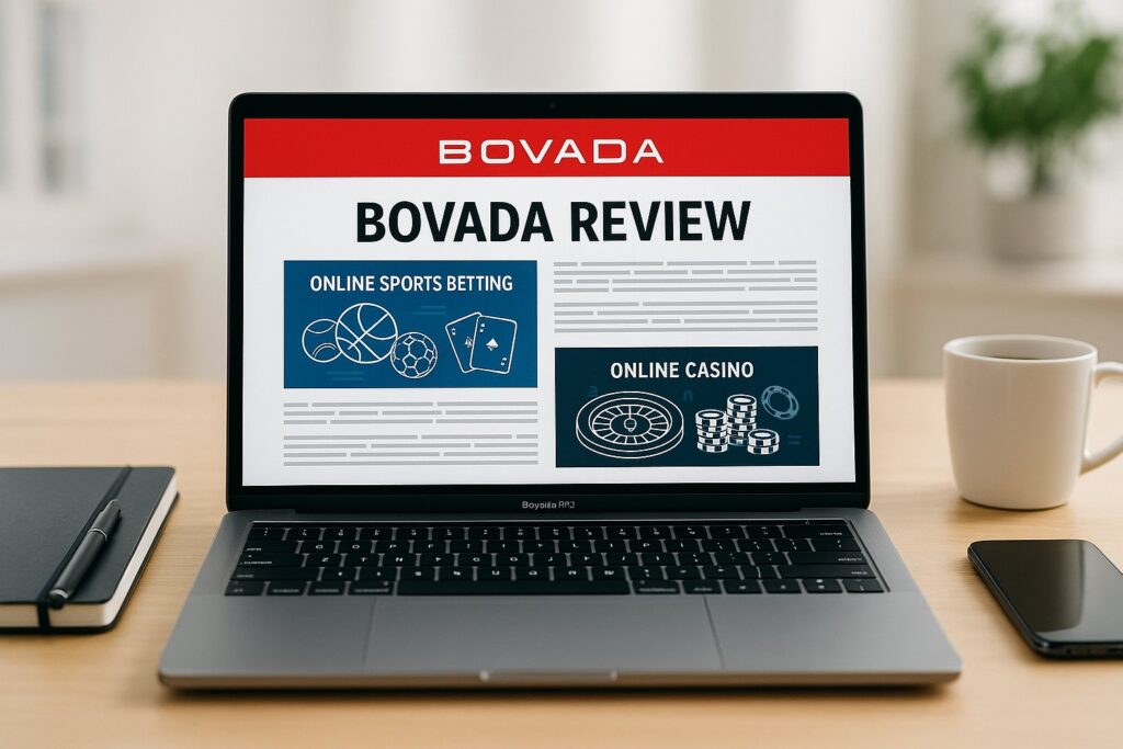 Laptop displaying Bovada Review website focusing on online sports betting and casino highlights. Discover insights and features through this detailed Bovada Review.