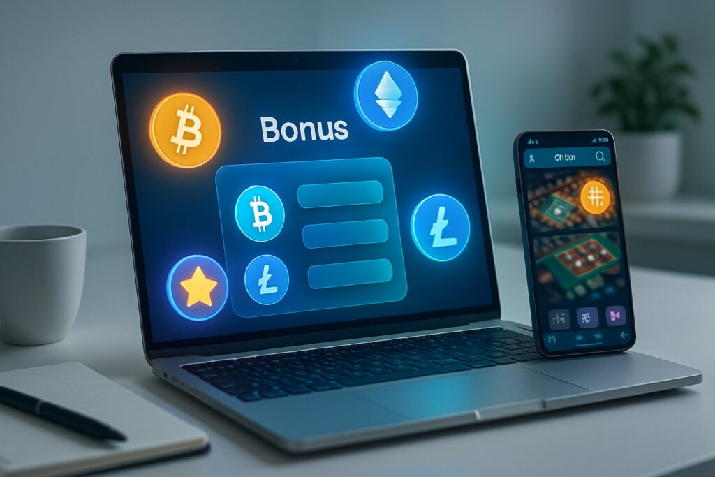 Laptop and smartphone display Bovada Bonus Codes in a digital environment showcasing cryptocurrency symbols enhancing online gaming and betting with exclusive rewards.