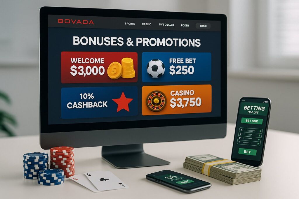 Computer screen displaying Bovada Bonuses and Promotions with welcome bonus of 3000 free bet of 250 cashback offer and casino bonus of 3750 alongside poker chips.
