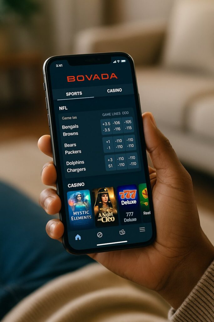 Person using the Bovada Mobile App on a smartphone displaying sports betting odds and casino game options highlighting the versatile features of the Bovada Mobile App.