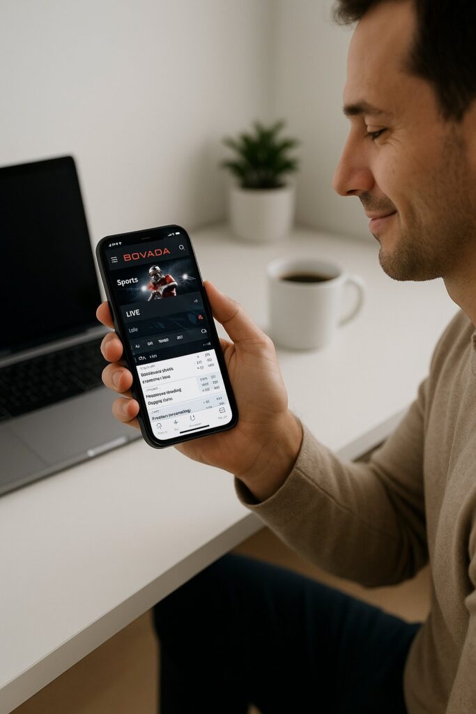 Person using Bovada Mobile Experience at a desk with a smartphone showing sports betting features demonstrating a seamless online gaming interface and user convenience.