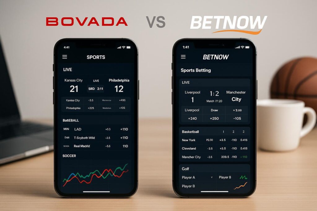 Comparison of Bovada vs BetNow shown on mobile apps highlighting live sports scores and betting odds. A detailed look at Bovada vs BetNow for sports betting enthusiasts.
