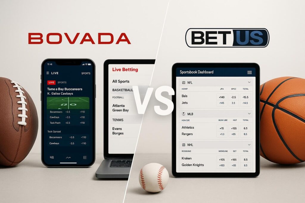 Bovada vs BetUS Comparison showcasing mobile apps for sports betting featuring live sports odds and betting options displayed on devices alongside a basketball and football.
