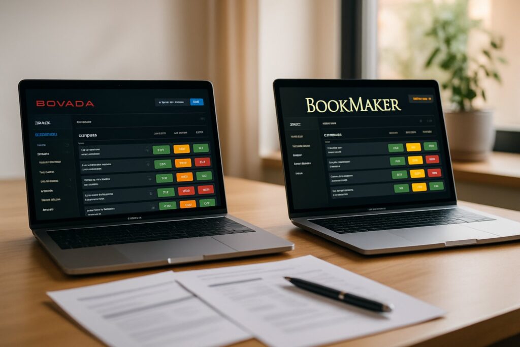 Two laptops display betting interfaces for Bovada vs BookMaker in a side-by-side comparison highlighting features and odds to help users compare and choose the best platform.