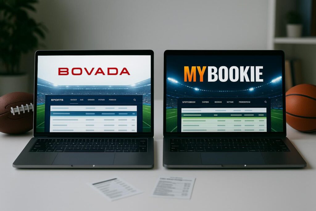 Laptops displaying betting websites for Bovada vs MyBookie Comparison highlighting sportsbook interfaces and features for bettors seeking a detailed analysis of both platforms.